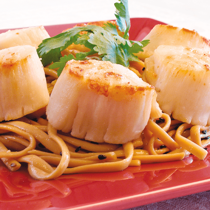 A pile of jumbo sea scallops, fresh and ready to be cooked.