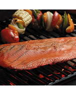 Two whole sides of smoked salmon displayed on a simple background.